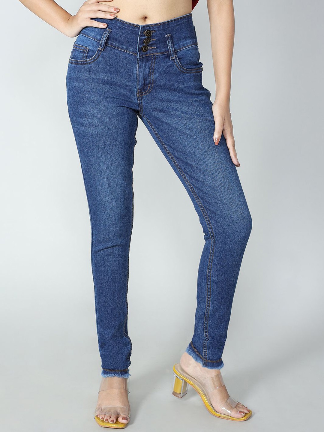 

Novio Women Comfort Slim Fit High-Rise Light Fade Stretchable Jeans, Navy blue