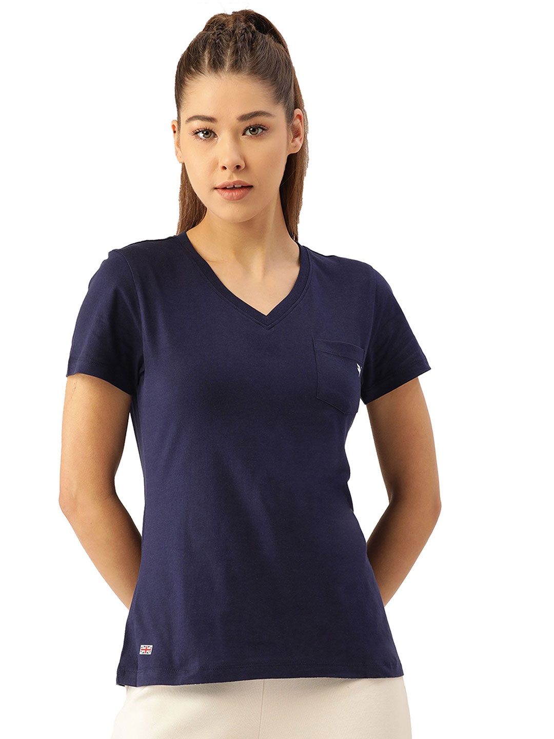 

AMSWAN Women Cotton V- Neck Half Sleeve T-Shirts, Navy blue