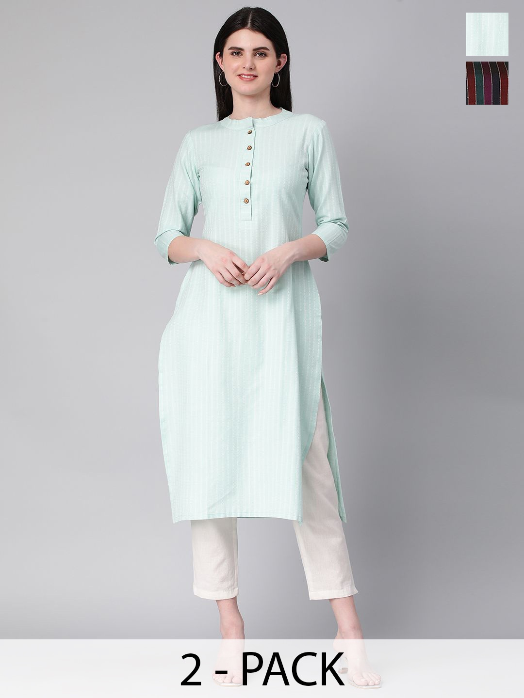 

KALINI Selection Of 2 Striped Round Neck Straight Kurtas, Sea green