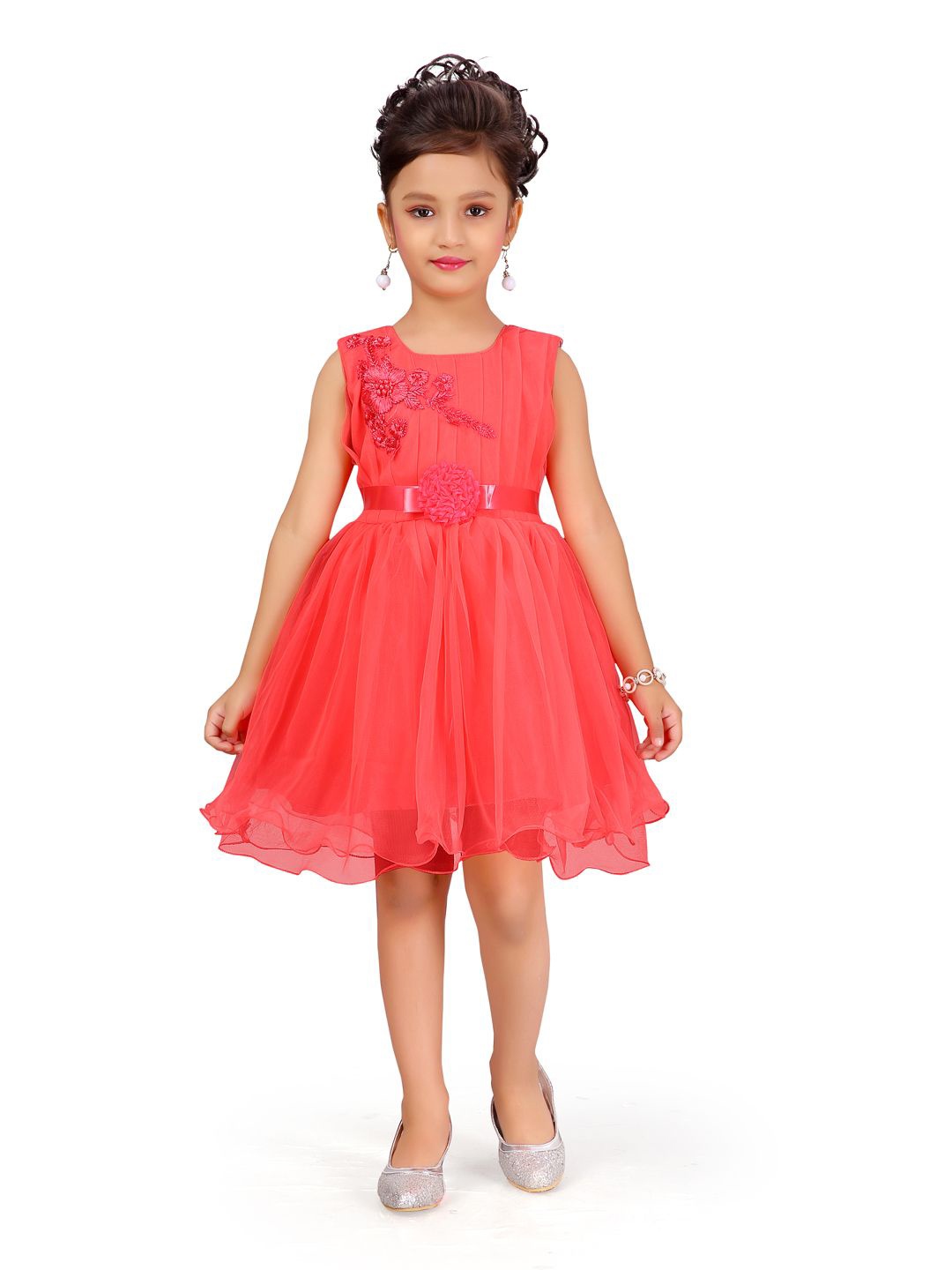 

Sangria Girls Floral Embroidered Frock, Red
