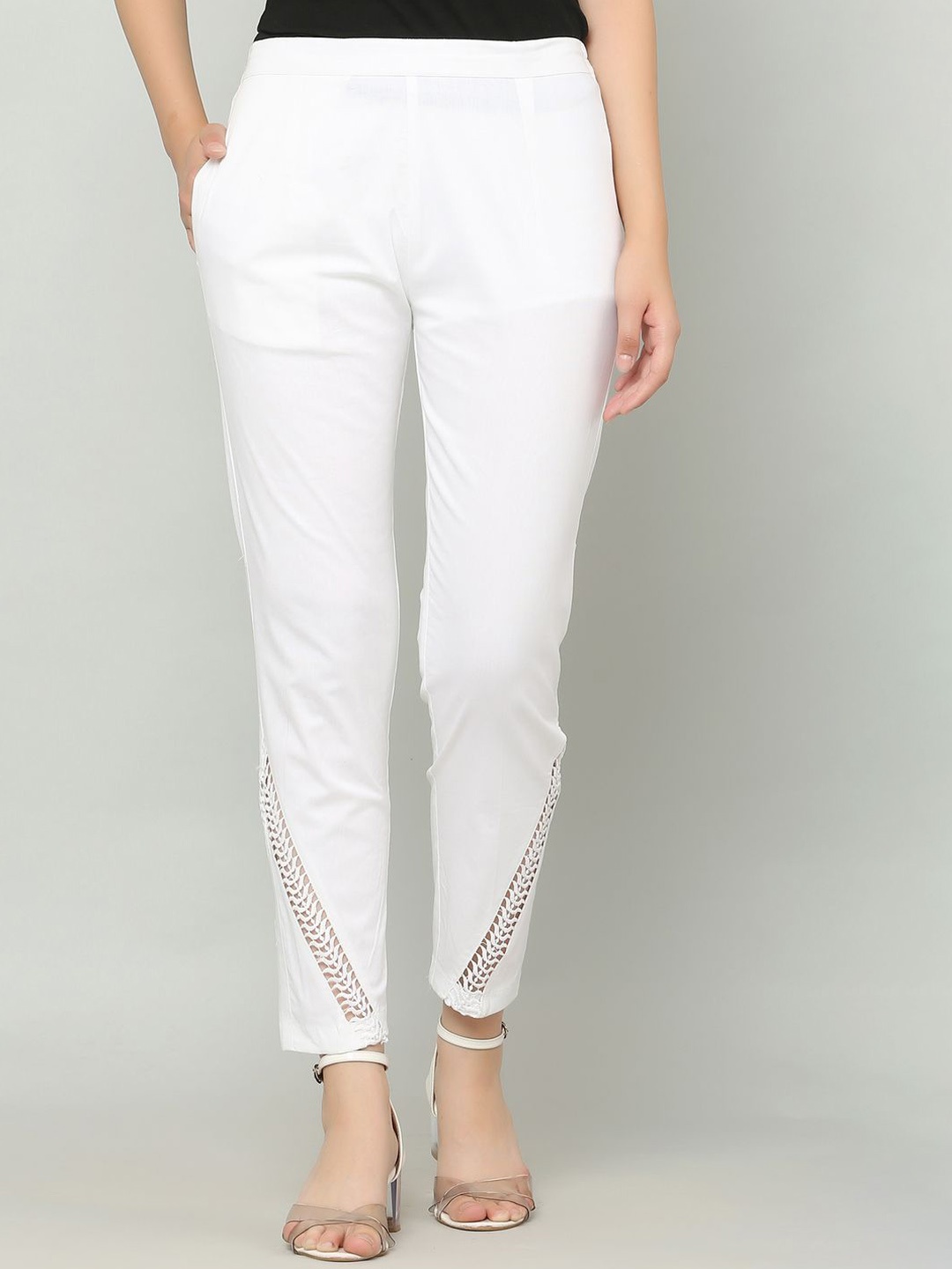 

Sellingsea Women Lace Work Cigarette Trousers, White