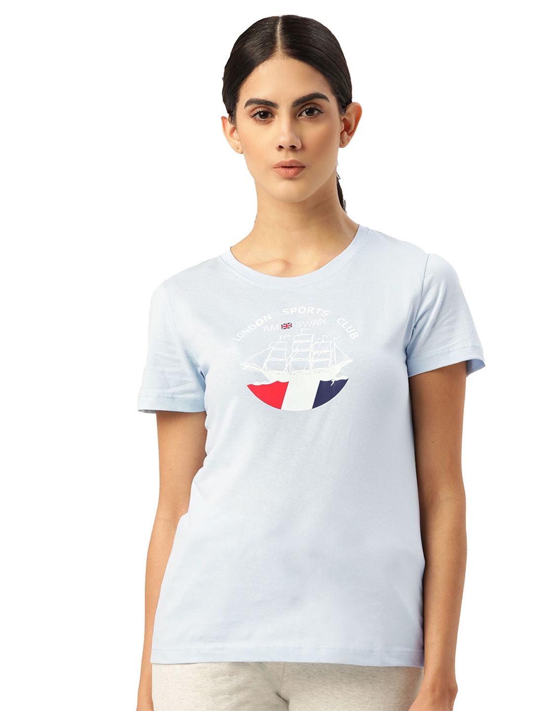 

AMSWAN Women Graphic Printed Cotton Top, Blue