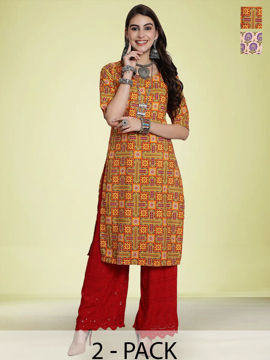 

Moda Rapido Selection Of 2 Ethnic Motifs Printed Round Neck Straight Kurtas, Yellow