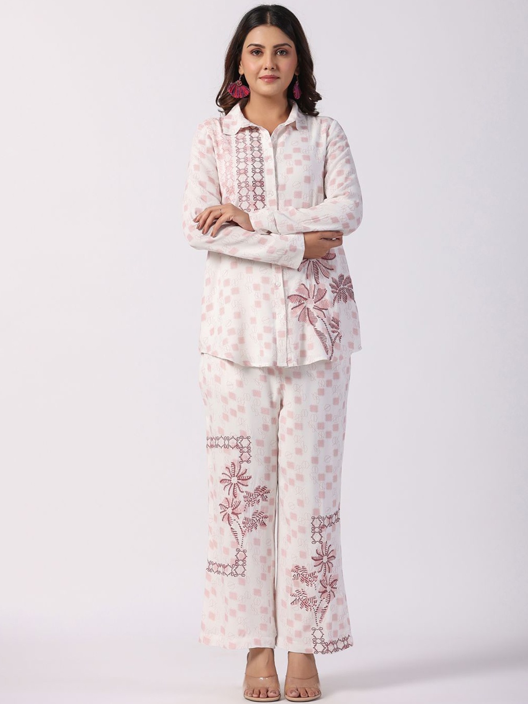 

STIL O STITCH Floral Printed Shirt Collar Shirt With Trousers, White
