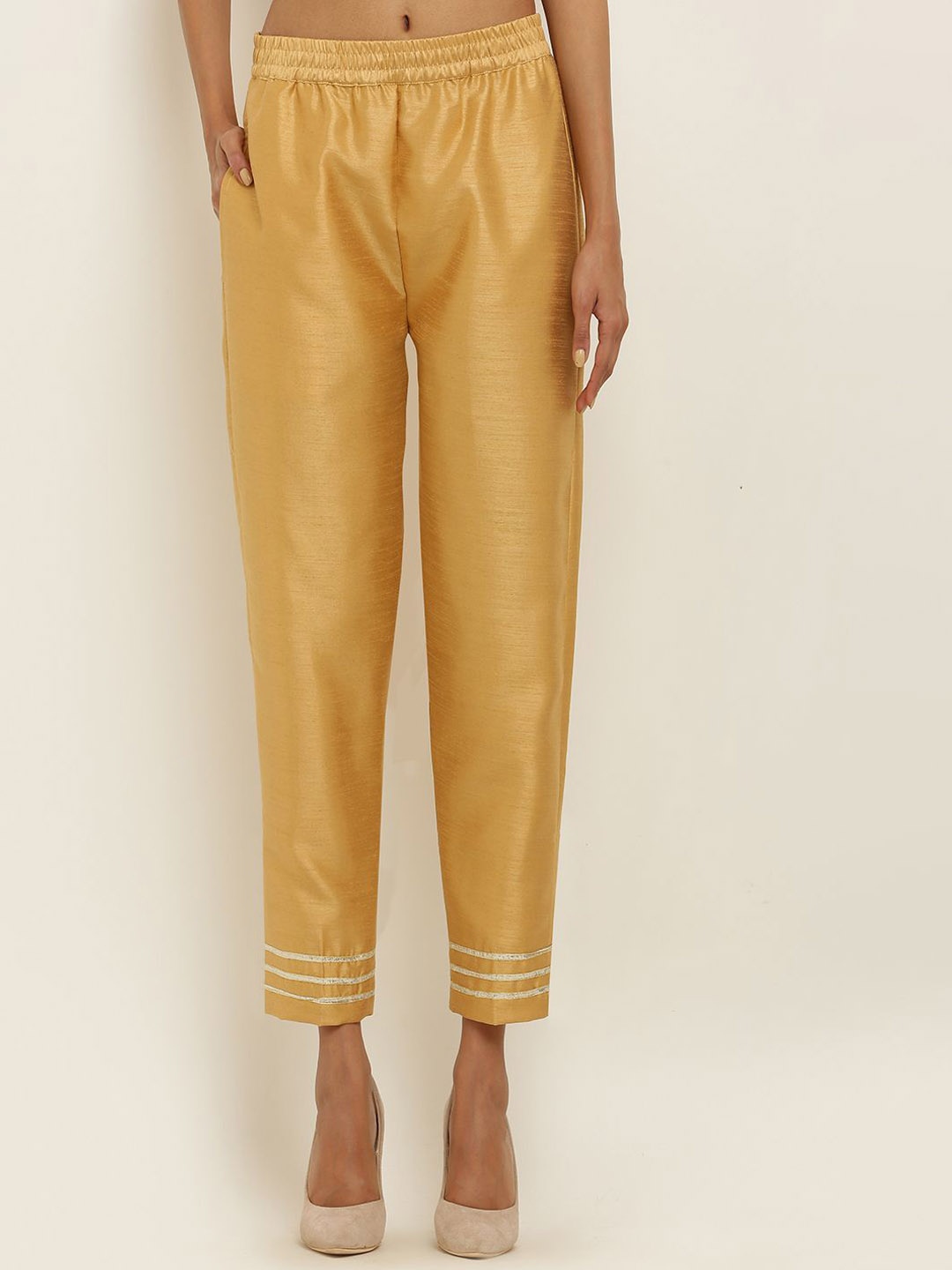 

FLOREOS Women Textured Comfort Easy Wash Trousers, Gold