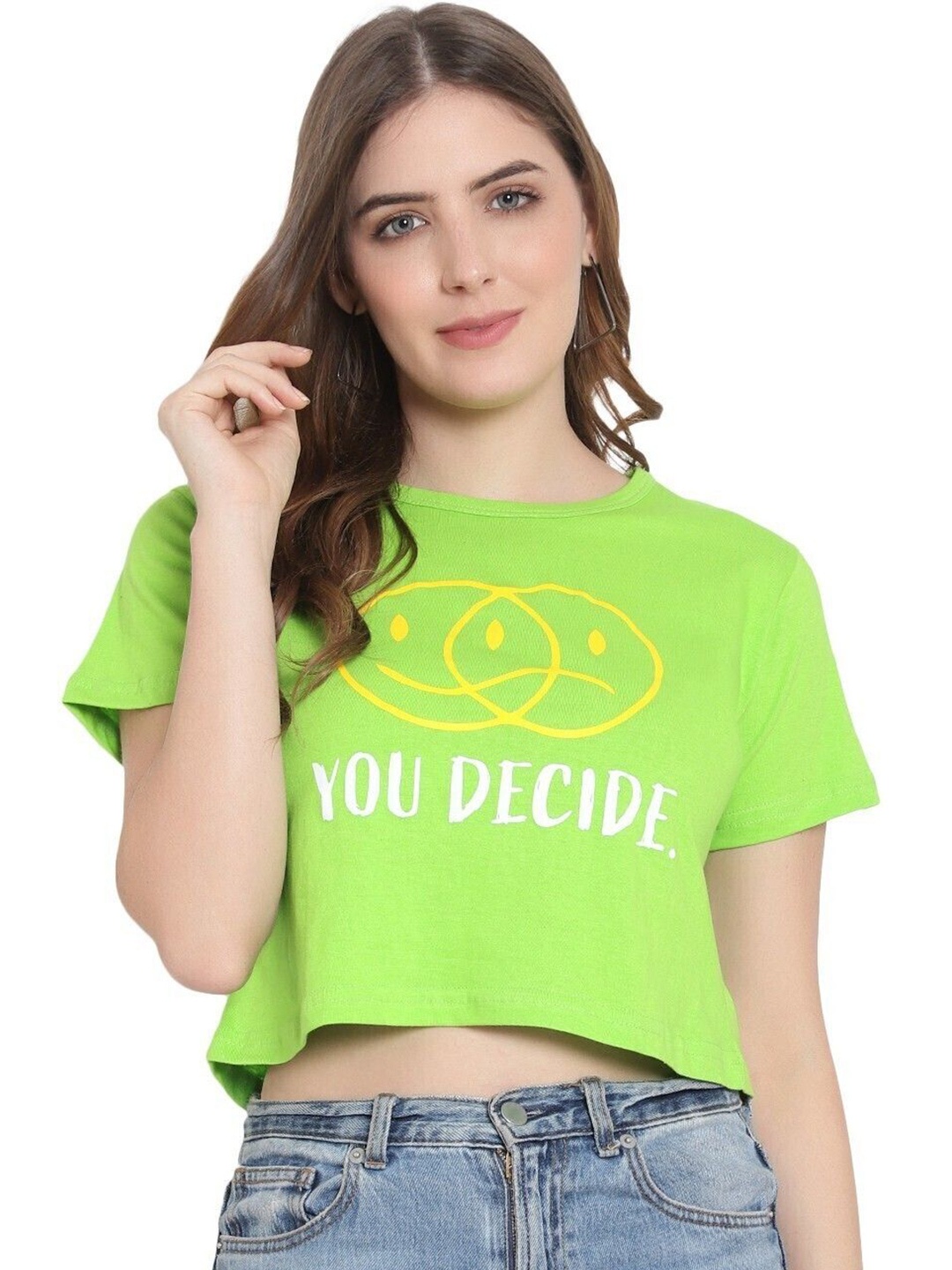 

DEEPMAYRA COLLECTION Print Cotton High-Low Crop Top, Lime green