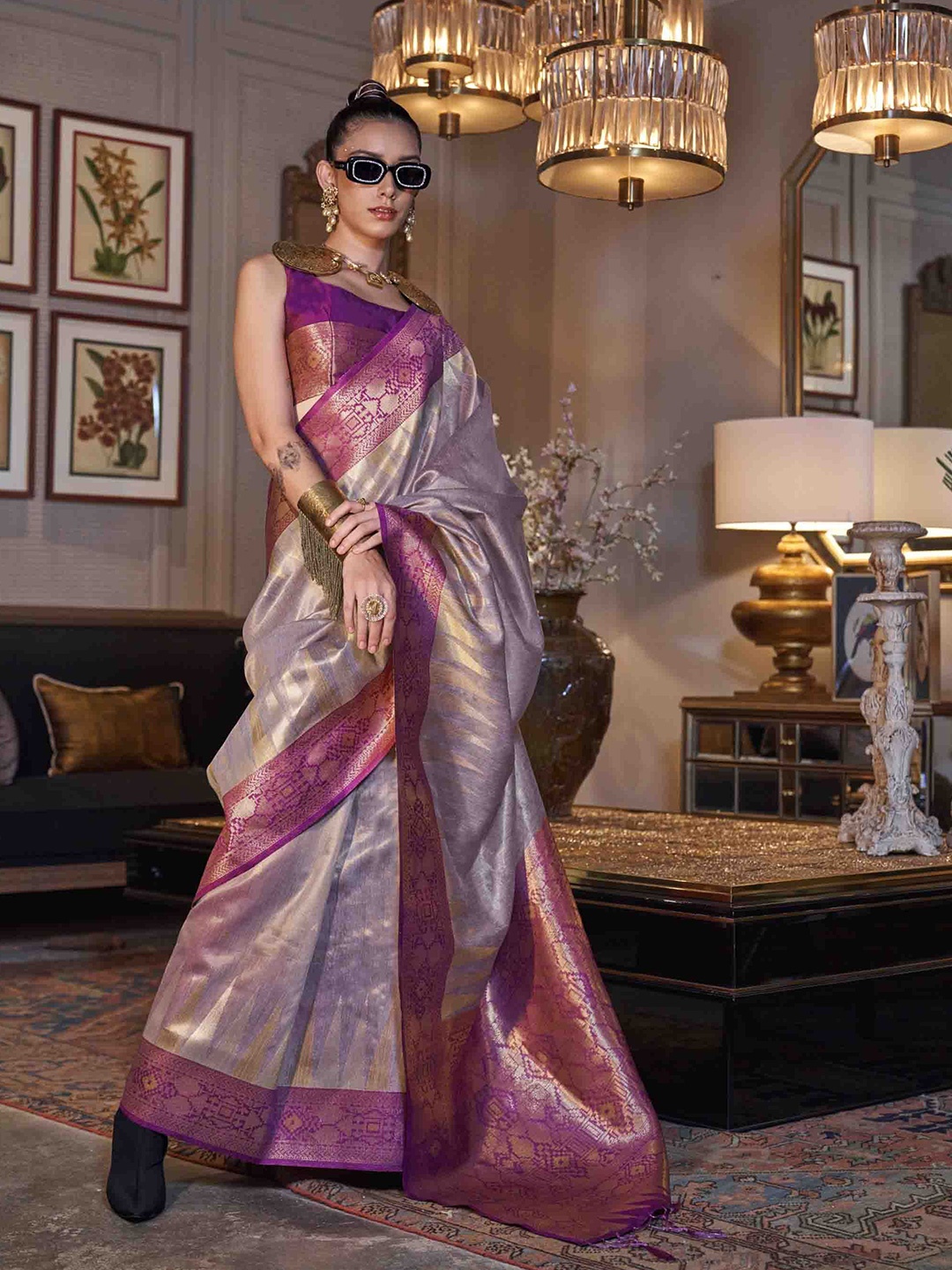 

Blissta Ethnic Motifs Zari Tissue Saree, Lavender