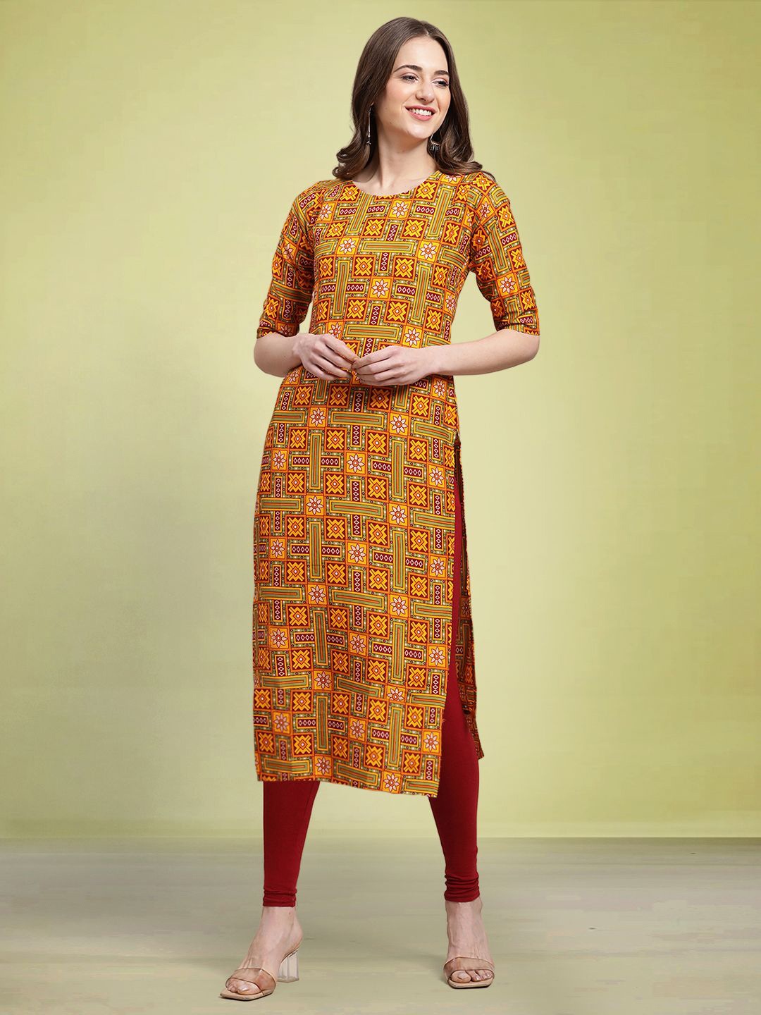 

Moda Rapido Geometric Printed Round Neck Straight Kurta, Mustard