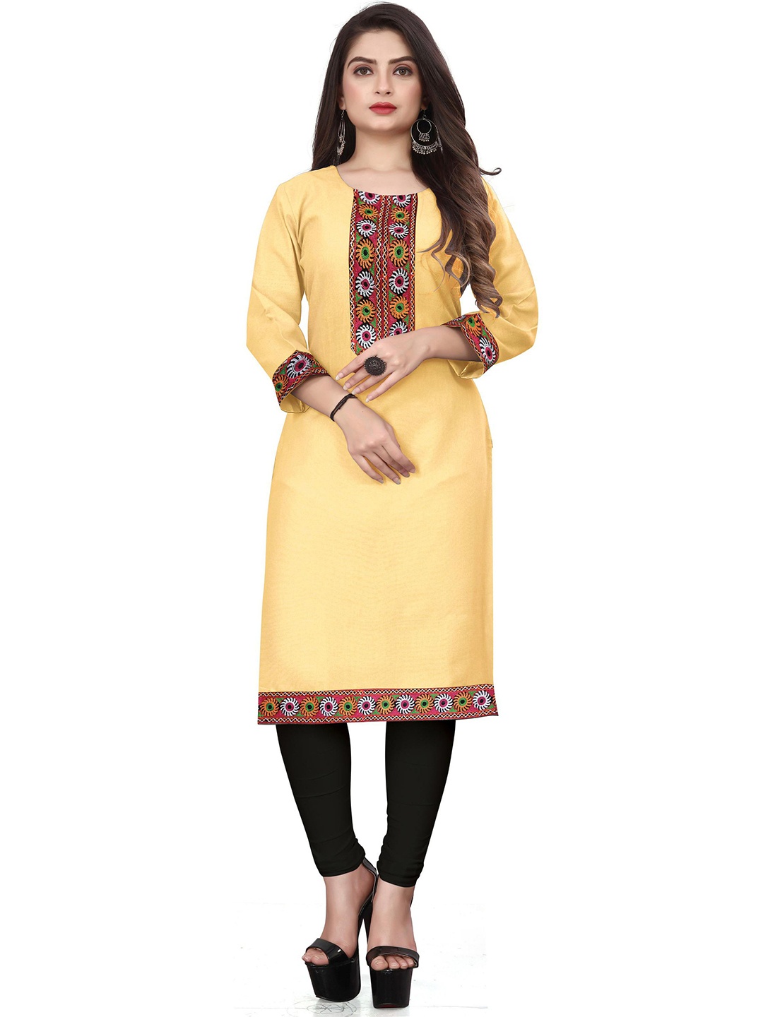 

HF HOLYDAY FASHION Ethnic Motifs Embroidered Round Neck Straight Kurta, Yellow