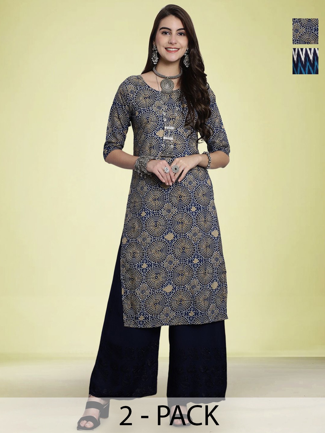 

Moda Rapido Selection of 2 Geometric Printed Round Neck Straight Kurtas, Navy blue