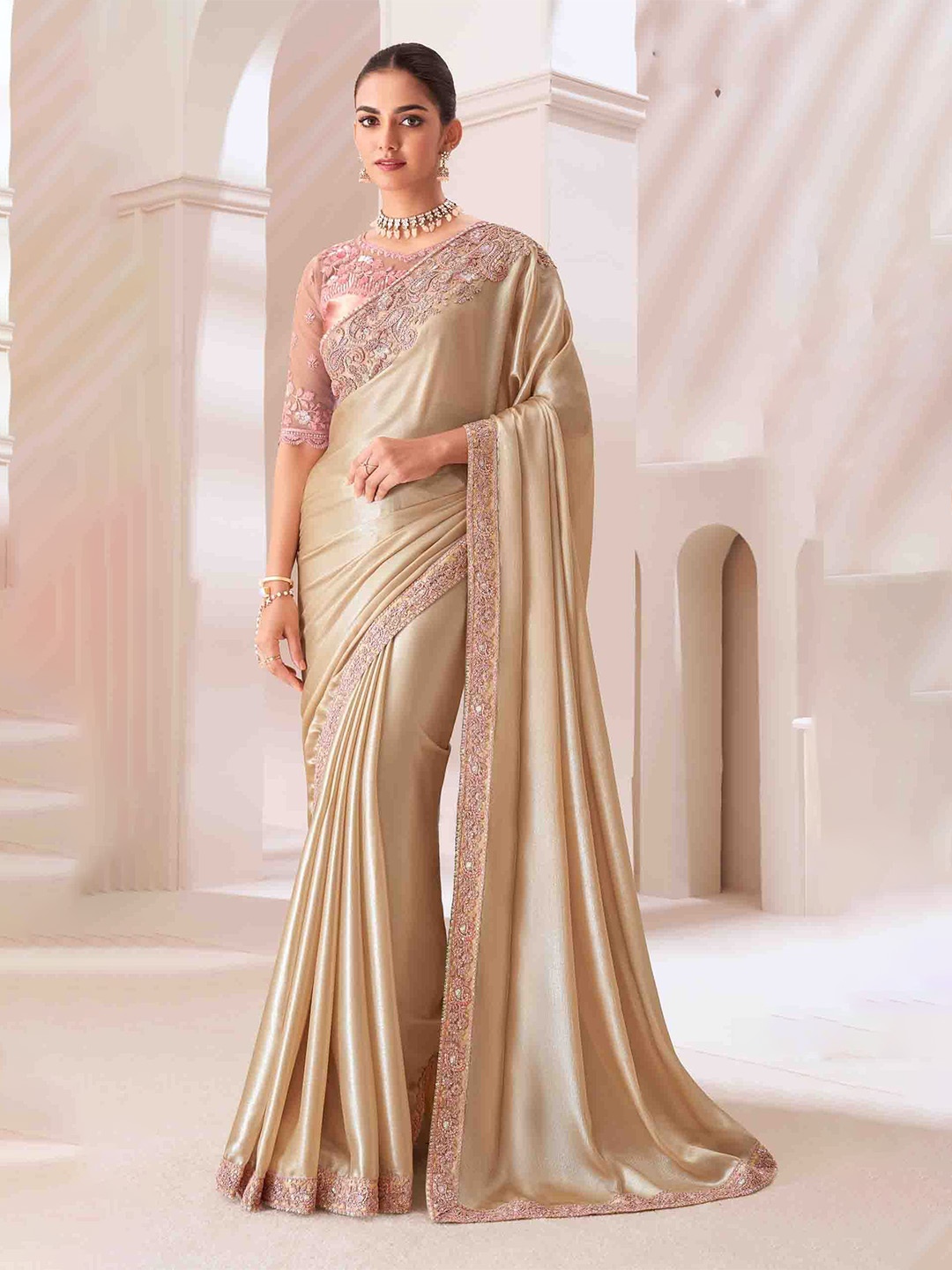 

Blissta Embellished Sequinned Pure Georgette Saree, Khaki