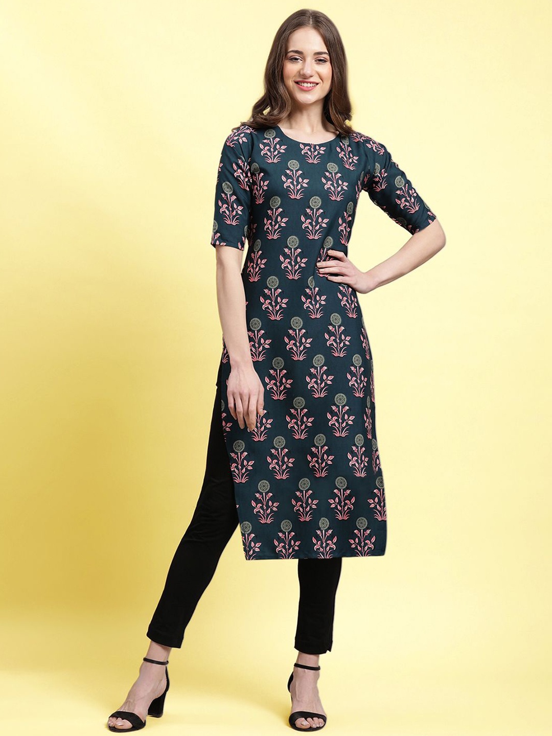 

Moda Rapido Floral Printed Round Neck Straight Kurta, Blue