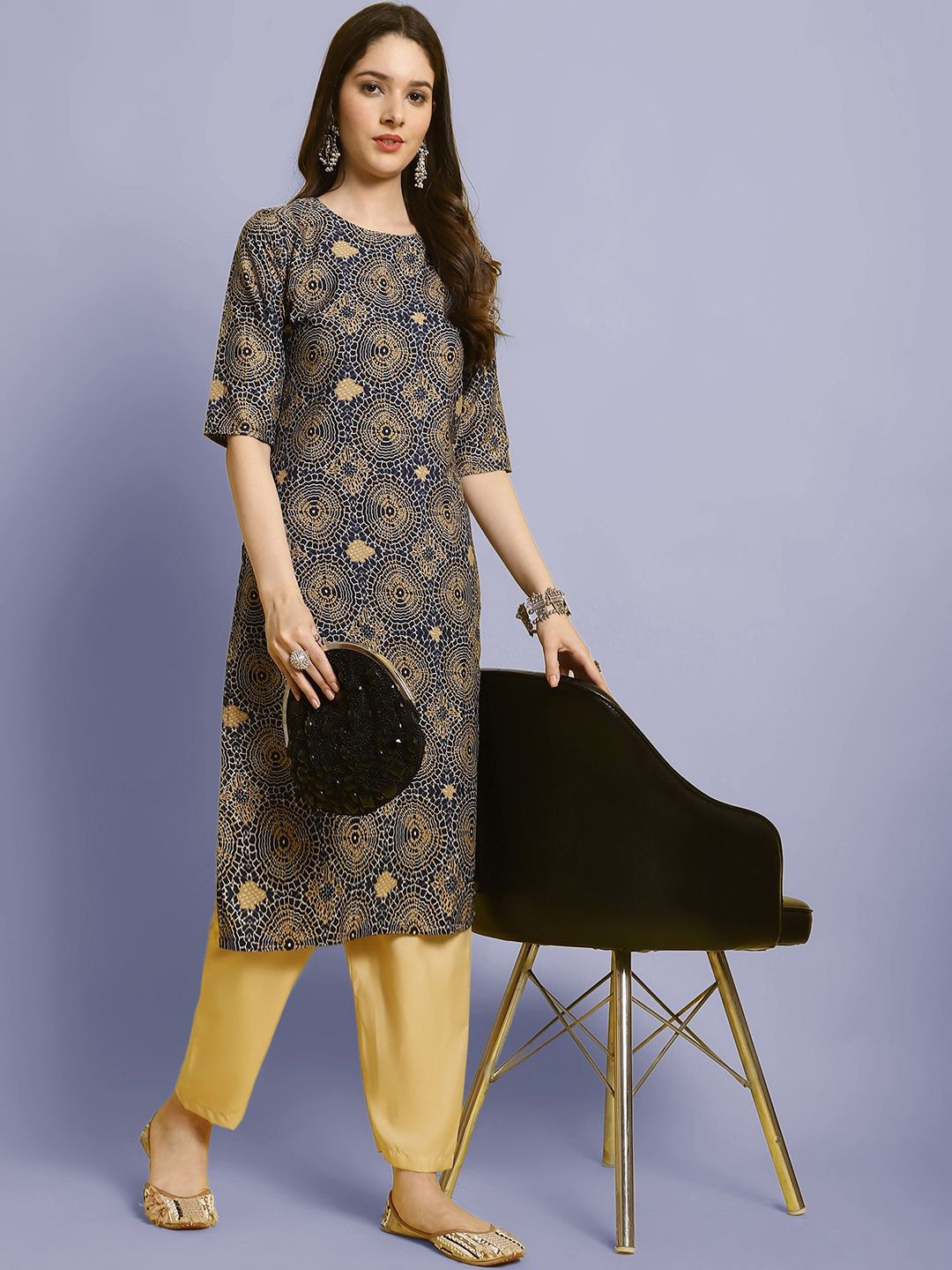 

Moda Rapido Geometric Printed Round Neck Straight Kurta With Trouser, Navy blue