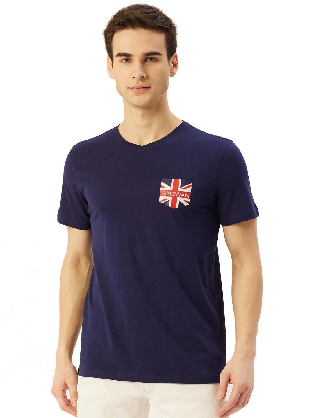 

AMSWAN Men Printed V-Neck Applique T-shirt, Navy blue