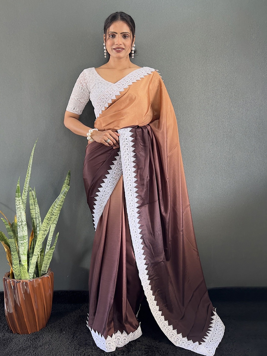 

Aika Ombre Dyed Pure Chiffon Saree, Brown