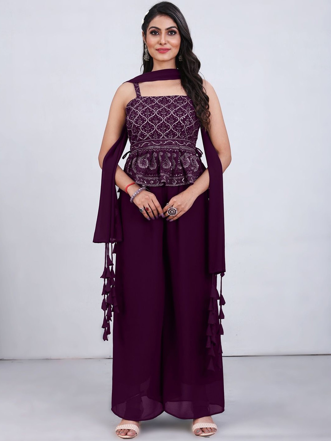 

SANCIA Embroidered Shoulder Straps Georgette Top With Palazzo And Dupatta, Purple