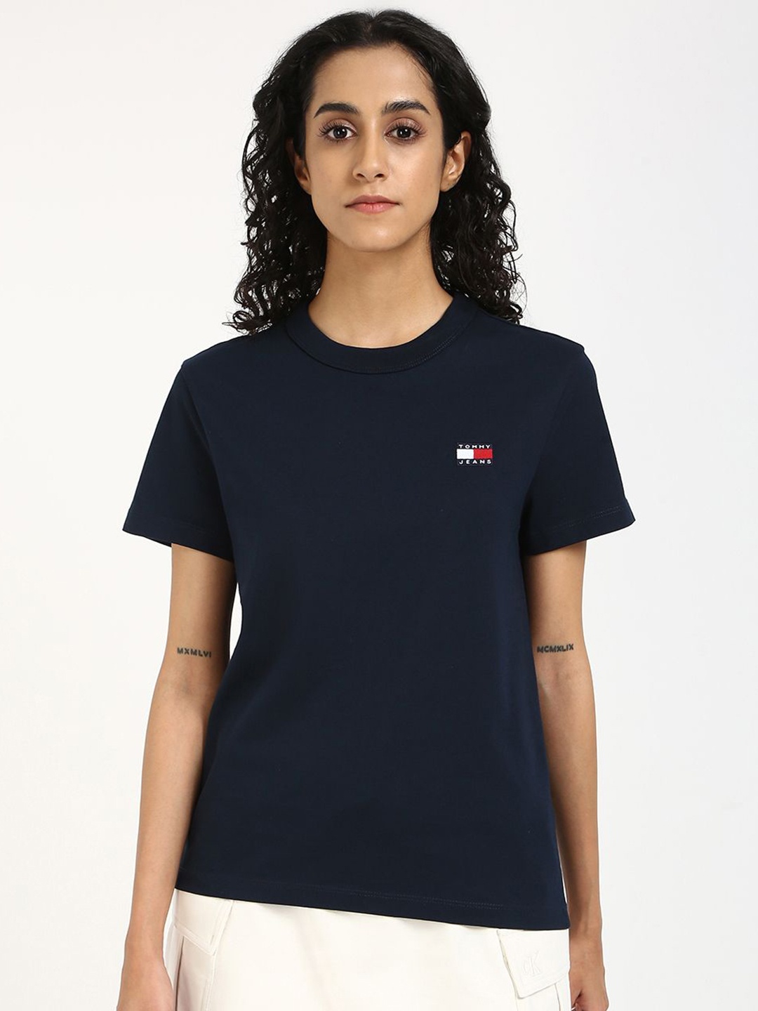 

Tommy Hilfiger Women Solid Round Neck Cotton T-shirt, Navy blue