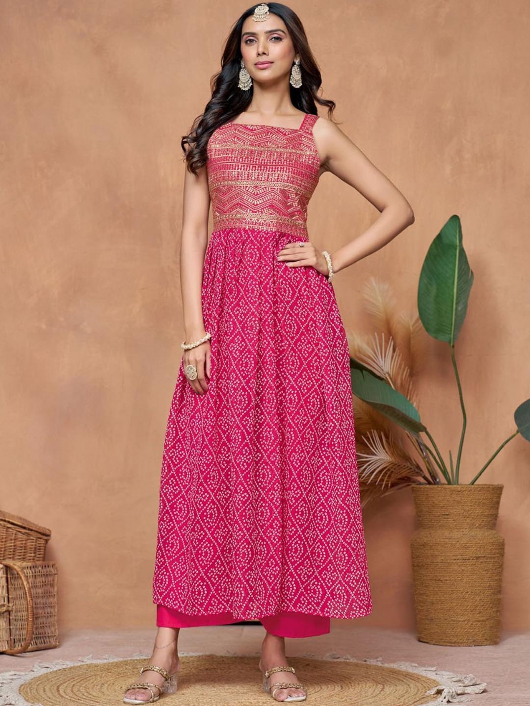 

KALINI Bandhani Printed Zari Embellished Georgette Anarkali Kurta, Pink