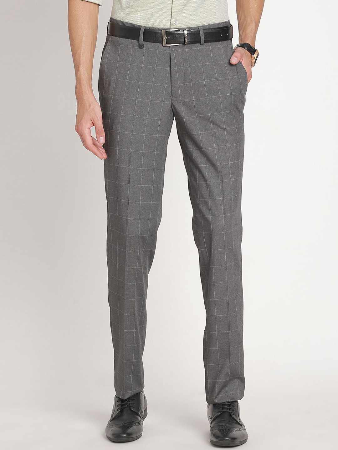 

Turtle Men Checked Tailored Slim Fit Trousers, Grey