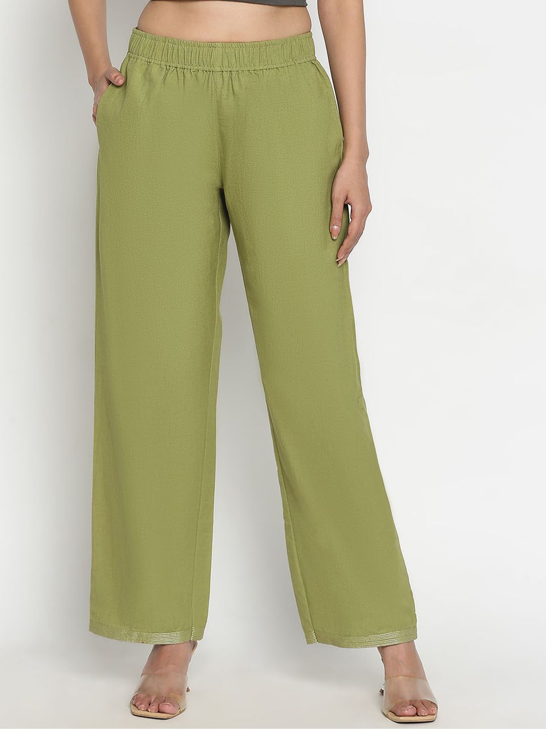 

VEGAL Women Relaxed Fit Mid-Rise Formal Trousers, Lime green