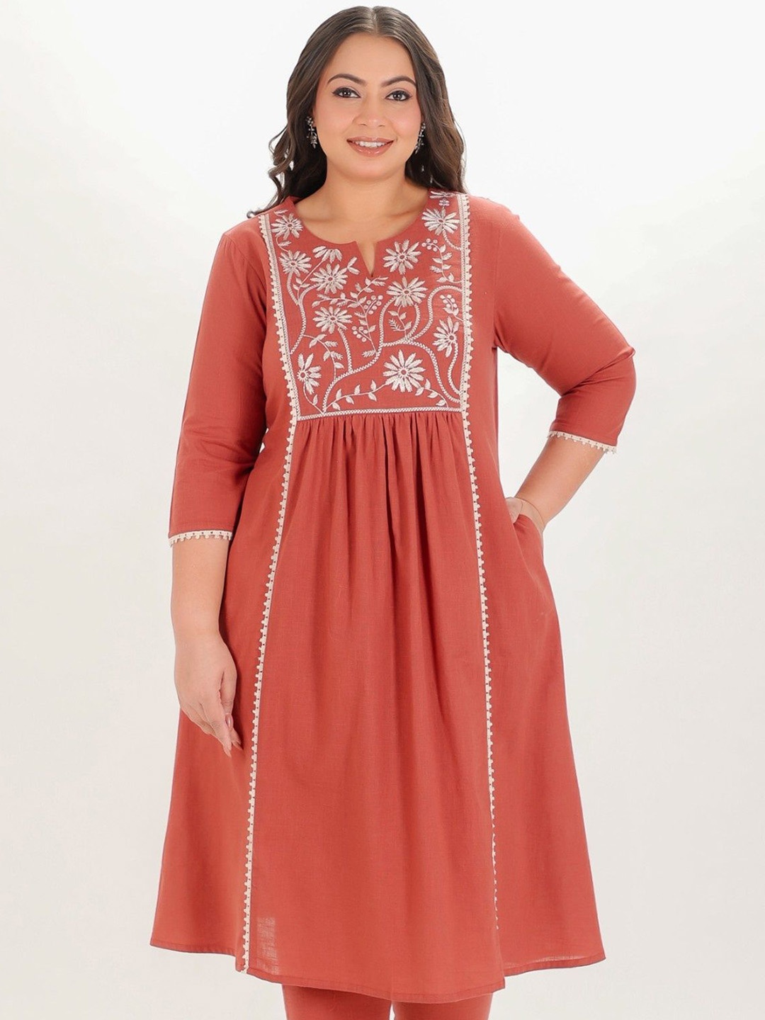 

Aramya Floral Yoke Design Thread Work Khadi Cotton A-Line Kurtas, Red