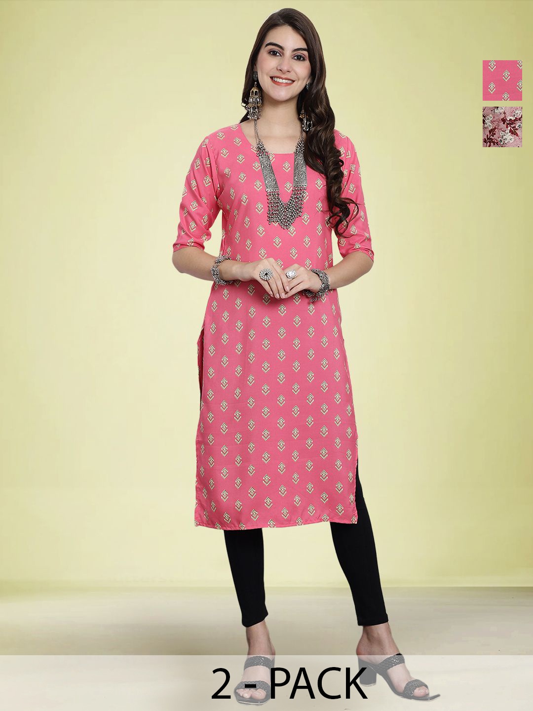 

Moda Rapido Selection Of 2 Geometric Printed Round Neck Straight Kurtas, Pink