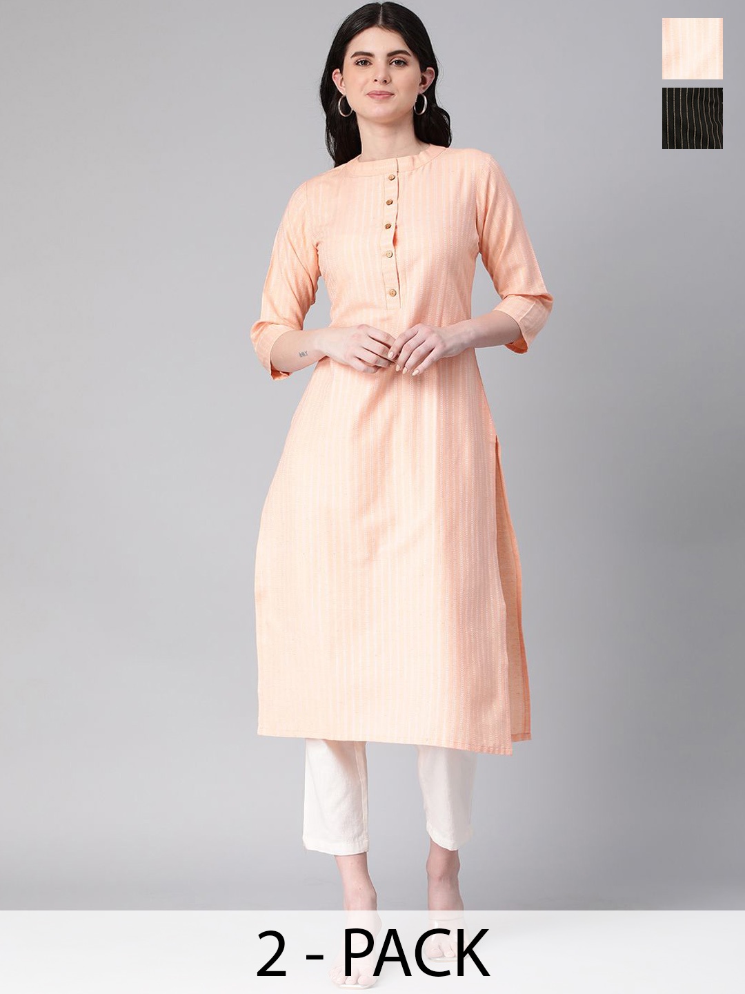 

KALINI Selection Of 2 Striped Band Collar Straight Kurtas, Peach