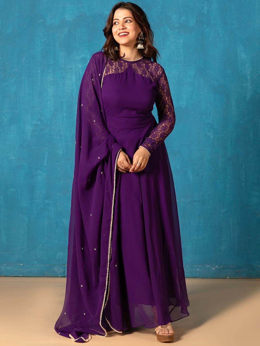 

NUD Diva Round Neck Georgette Anarkali Kurta With Dupatta, Purple