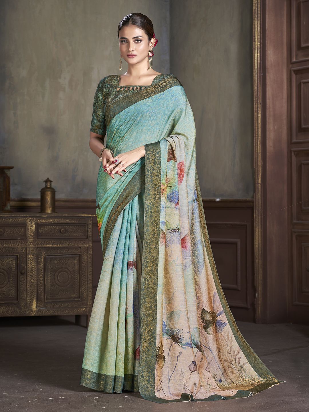

Krimmple Floral Printed Pure Silk Saree, Green