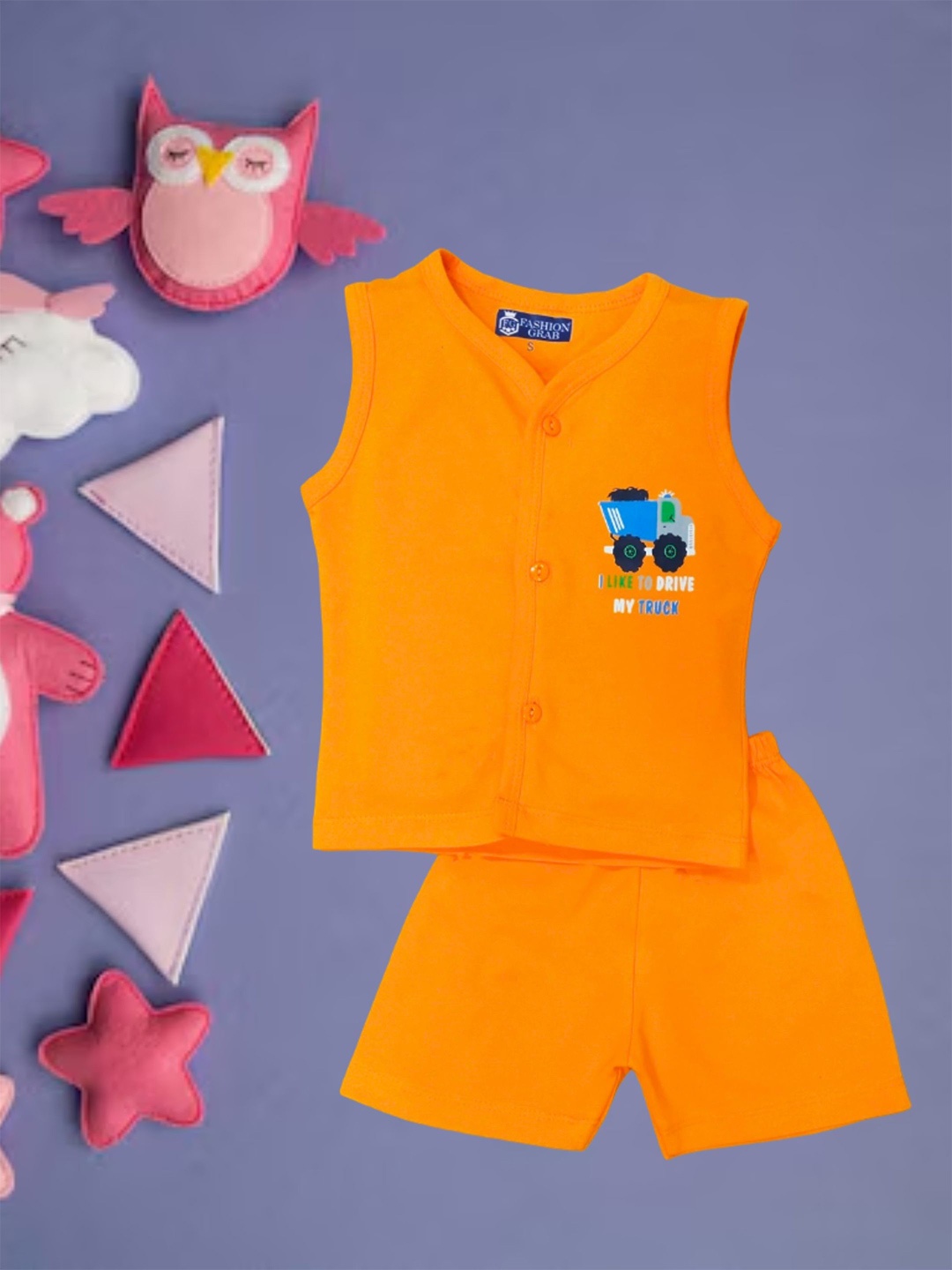 

FASHION GRAB Infant Kids Printed Pure Cotton Jhabla With Shorts, Orange