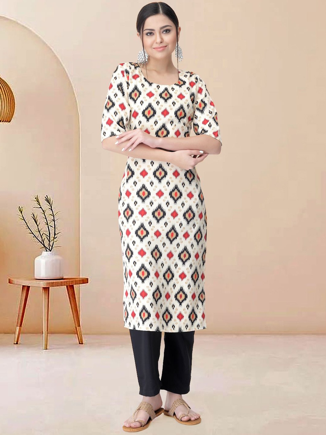 

Moda Rapido Geometric Printed Round Neck Straight Kurta With Trousers, White