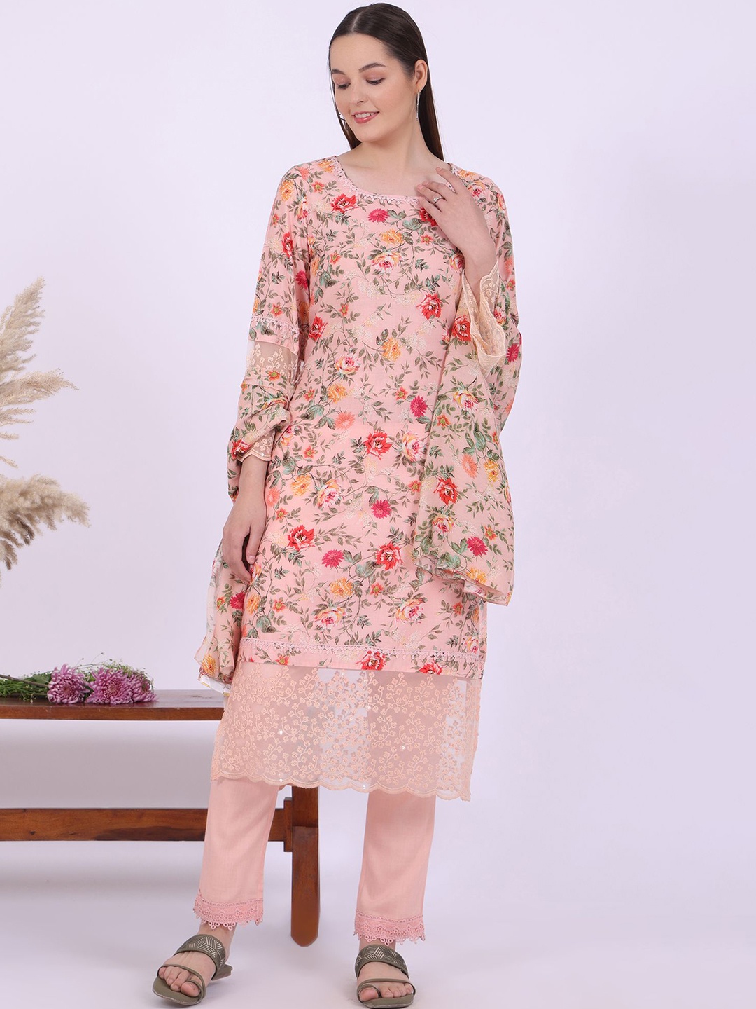 

AURELIA Floral Printed Flared Sleeves Sequinned Straight Kurta With Trousers And Dupatta, Peach