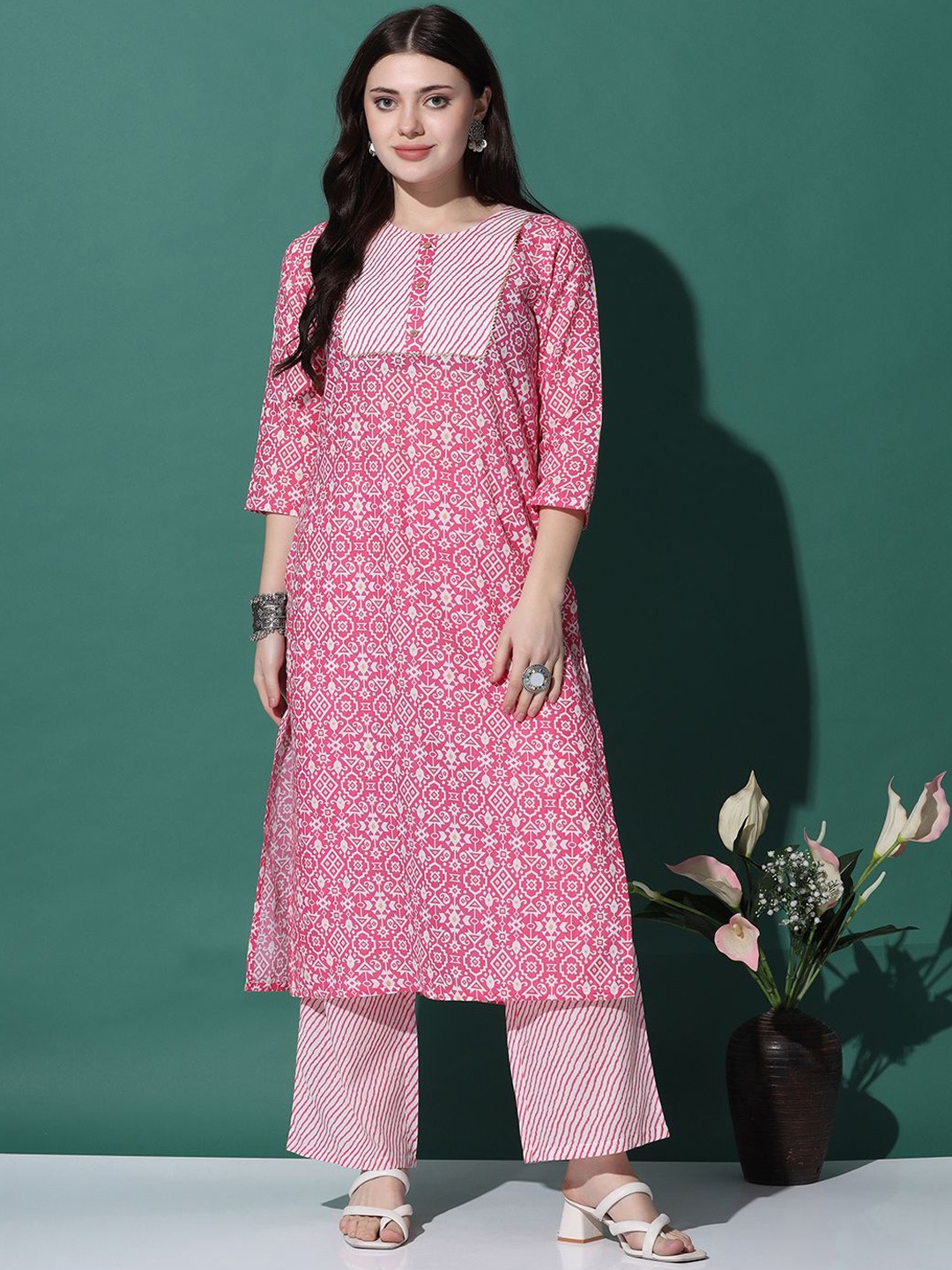 

Moda Rapido Women Leheriya Printed Regular Kurta with Trousers, Pink