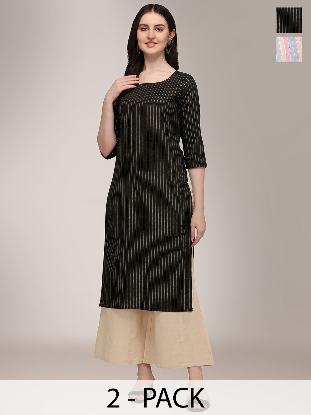 

KALINI Selection Of 2 Striped Round Neck Straight Kurtas, Black