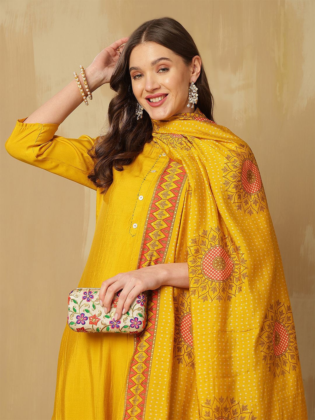 

Anouk Women Regular Pure Silk Kurta with Trousers & With Dupatta, Yellow