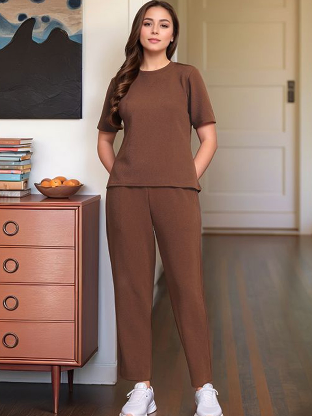 

DressBerry Short Sleeves Round Neck T-Shirt With Trousers Co-Ords, Coffee brown