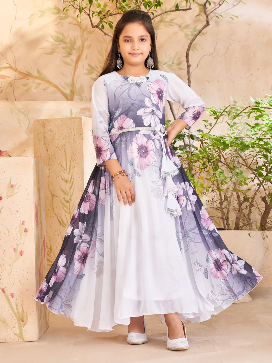

Sangria Girls Floral Printed Georgette Gown, Purple