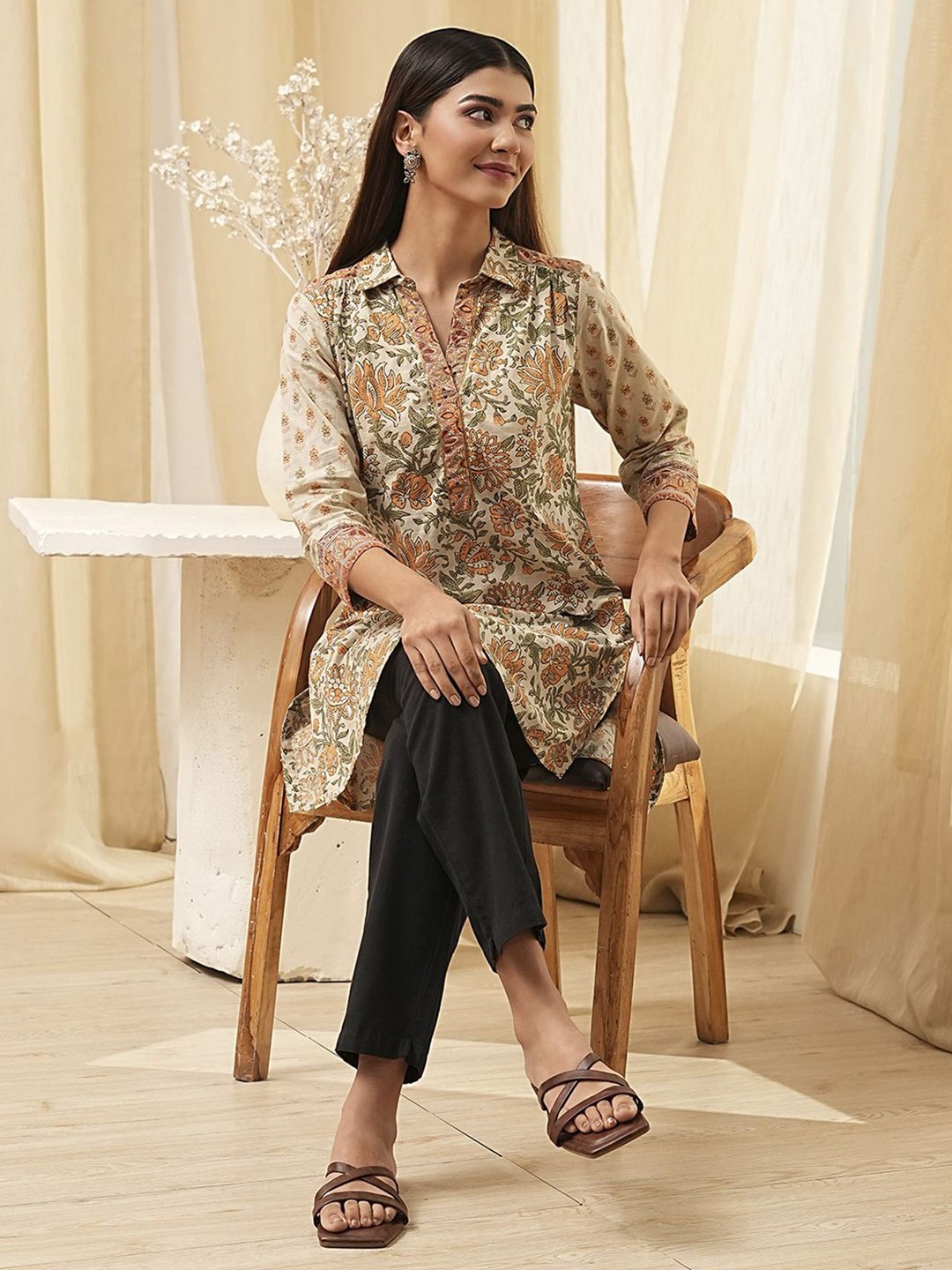 

Biba Women Floral Printed Shirt Collar Pure Cotton Kurti, Beige