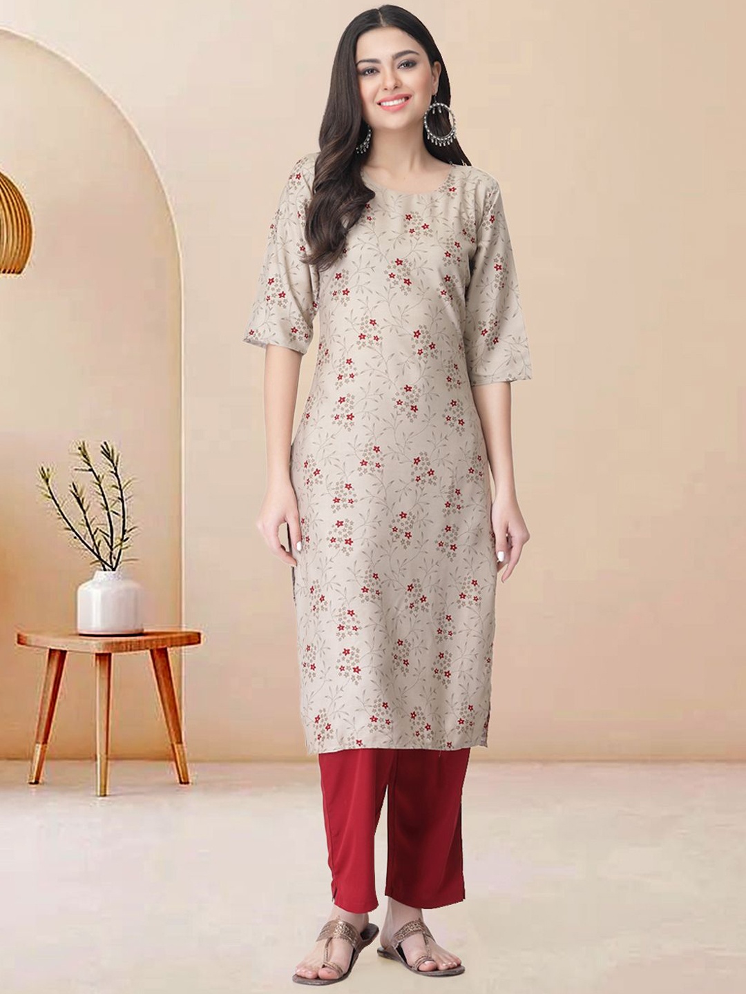 

Moda Rapido Floral Printed Round Neck Straight Kurta With Trousers, Beige