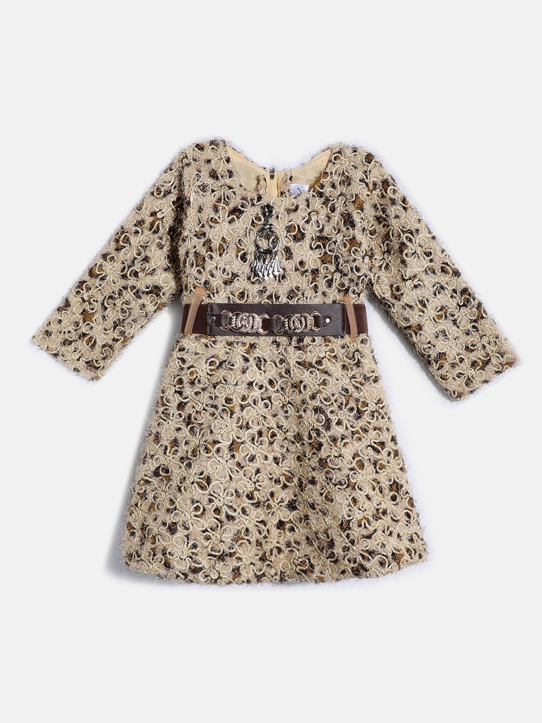 

HERE&NOW Girls Animal Print Woollen A-Line Dress, Brown