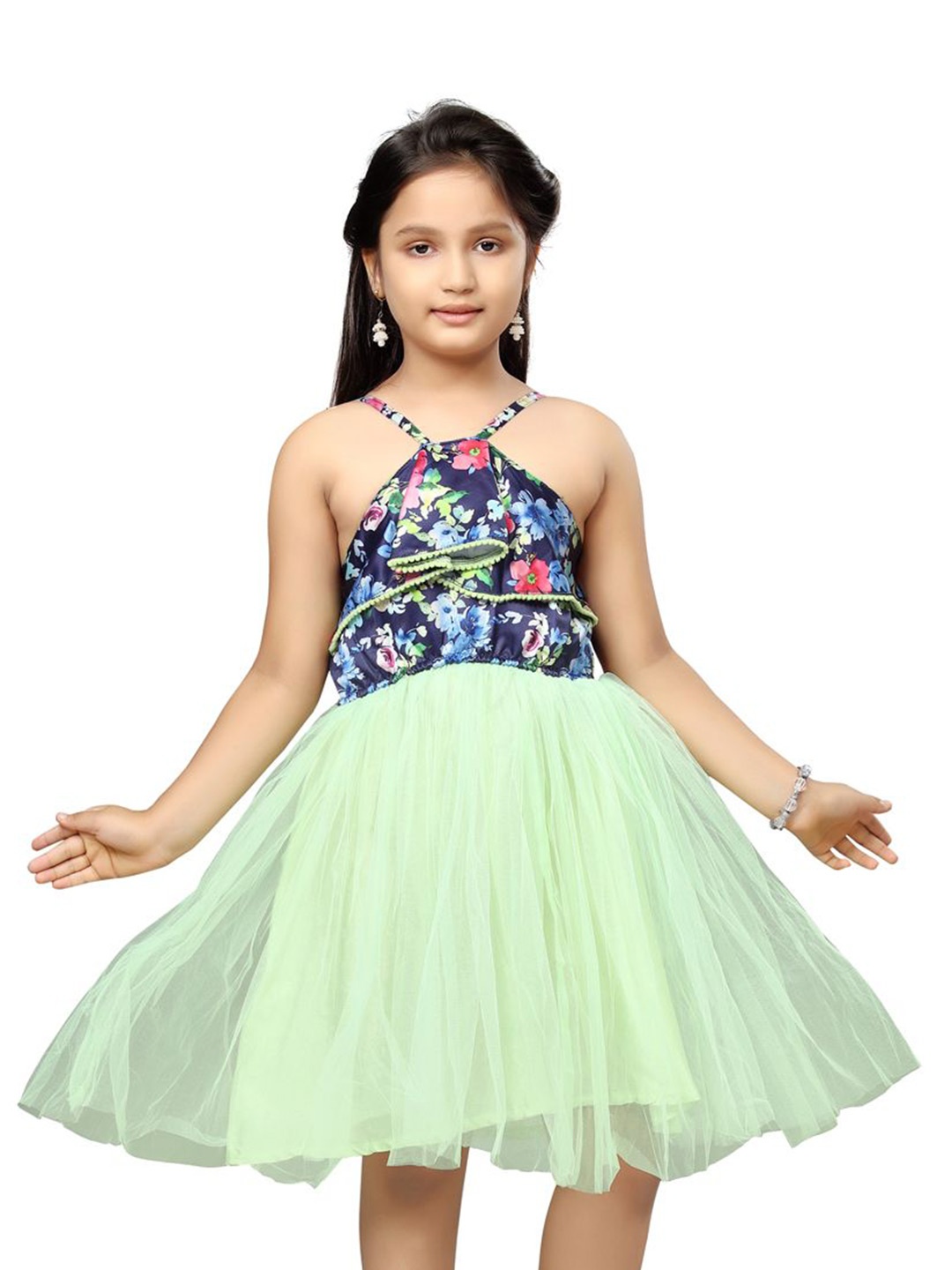 

BAESD Girls Floral Print Halter Neck Net A-Line Midi Dress, Green