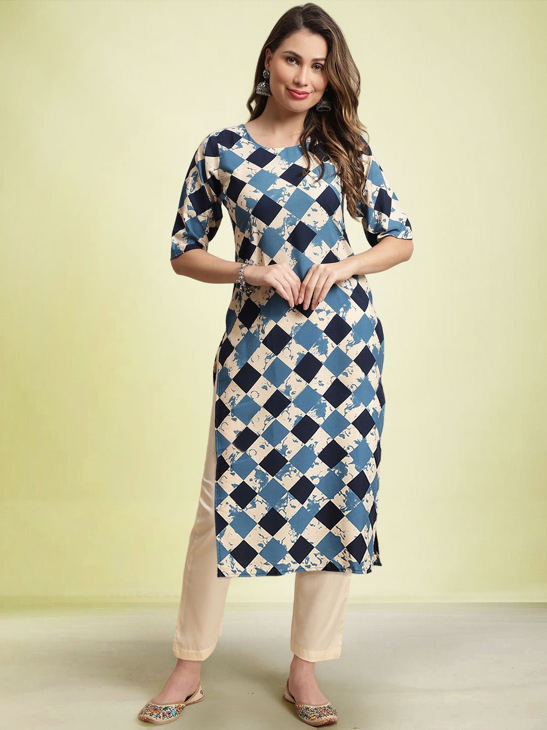 

Moda Rapido Checked Printed Round Neck Straight Kurta With Trousers, Blue