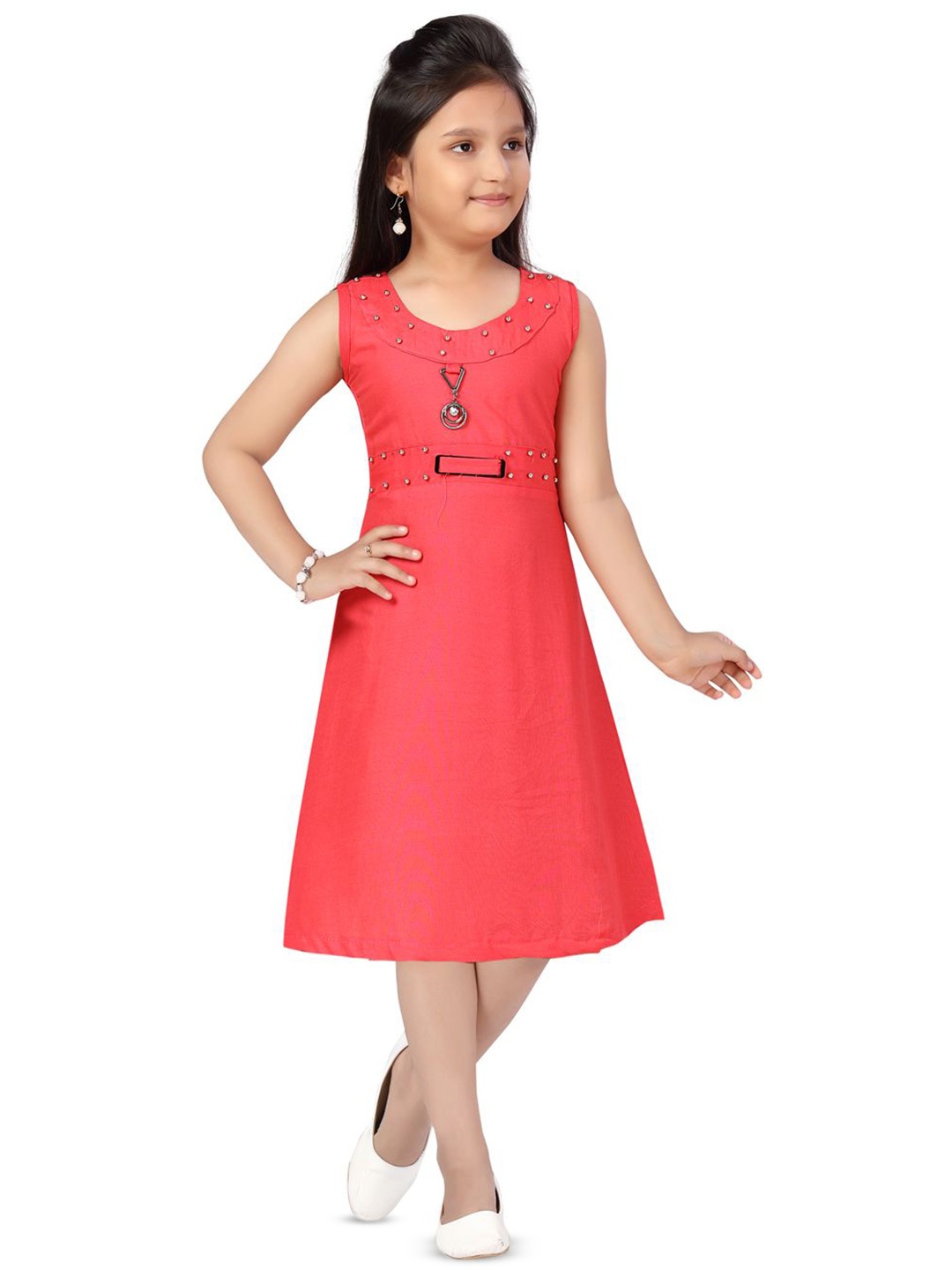 

BAESD Girls Cotton Embellished Fit & Flare Knee Length Dress, Red