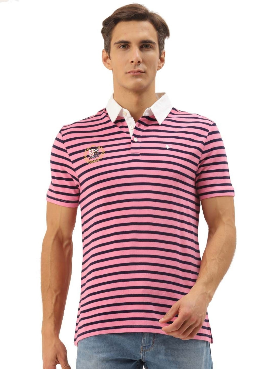 

AMSWAN Men Striped Polo Collar Applique T-shirt, Pink