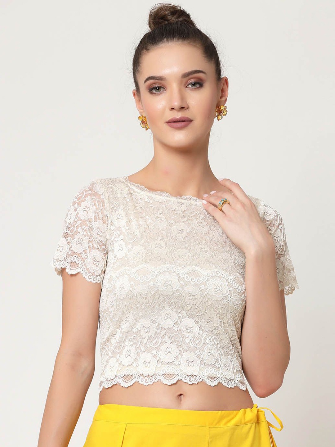 

OFFICE & YOU Self Design Boat Neck Saree Blouse, Off white