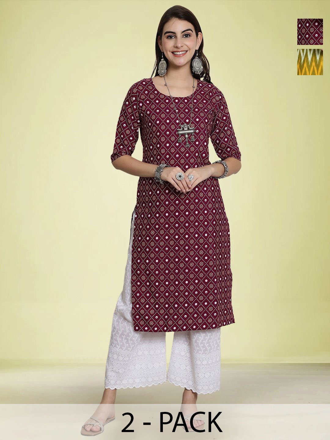 

Moda Rapido Selection Of 2 Floral Printed Round Neck Straight Kurtas, Maroon