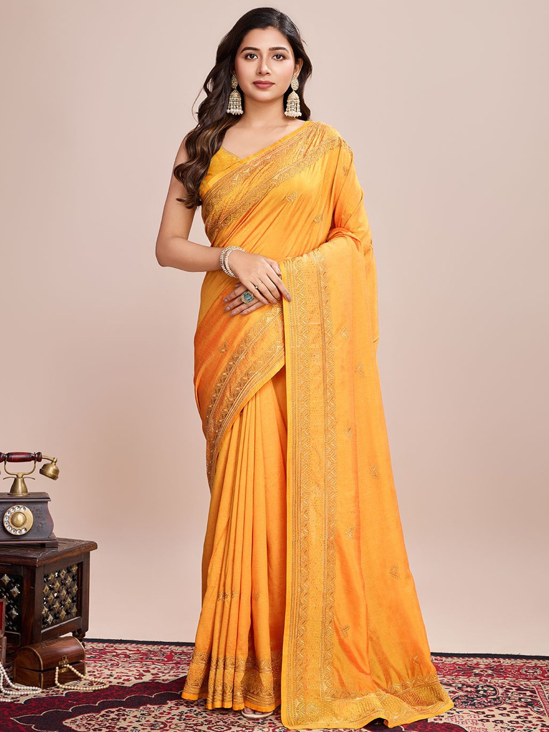 

VARNI FABRICS Embellished Beads and Stones Pure Silk Saree, Yellow