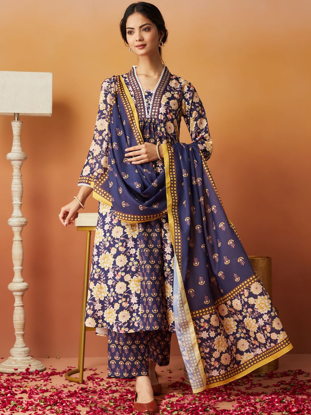 

MOKOSH Women Floral Embroidered Regular Kurta with Trousers & With Dupatta, Navy blue