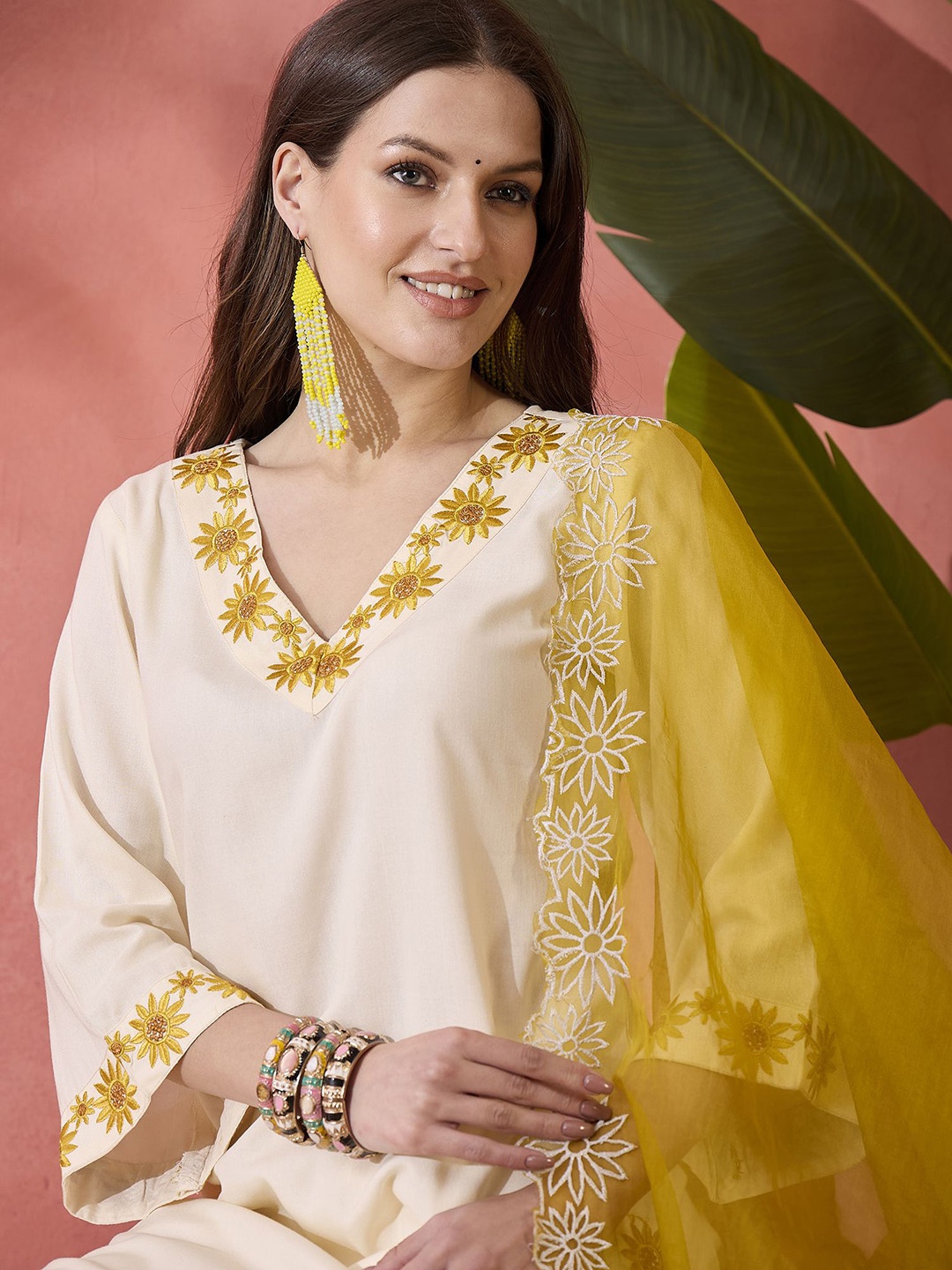 

Sangria Cream Floral Embroidered V-Neck Straight Kurta With Trouser And Dupatta
