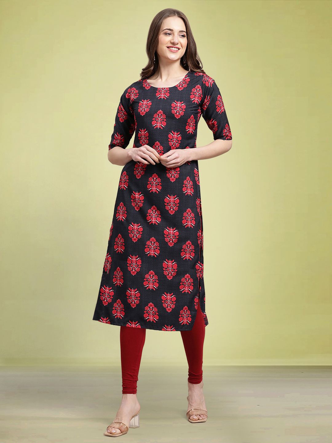 

Moda Rapido Floral Printed Round Neck Straight Kurta, Blue